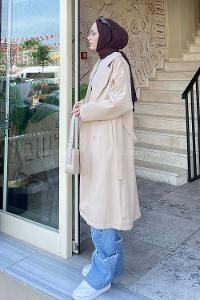 Lamelif Apoletli Klasik Kuşaklı Trençkot Bej