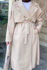 Lamelif Apoletli Klasik Kuşaklı Trençkot Bej
