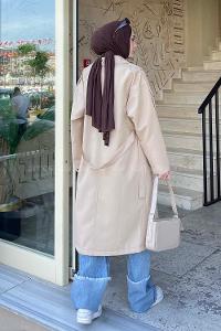 Lamelif Apoletli Klasik Kuşaklı Trençkot Bej