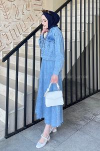 Lamelif Crop Ceket Etek Tesettür Takım Buz Mavisi