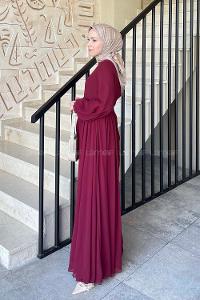 Lamelif Premium Beli Büzgü Kuşaklı Elbise Bordo
