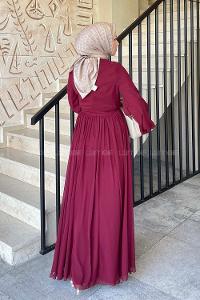 Lamelif Premium Beli Büzgü Kuşaklı Elbise Bordo