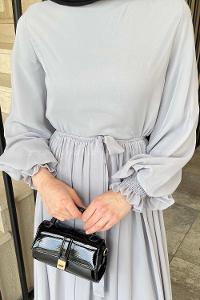 Lamelif Premium Beli Büzgü Kuşaklı Elbise Gri