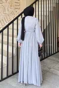 Lamelif Premium Beli Büzgü Kuşaklı Elbise Gri