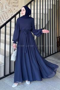 Lamelif Premium Beli Büzgü Kuşaklı Elbise Lacivert