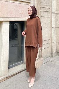 Brown Crew Neck Long Arm Poplin Fabric Trousers Comfortable Suit