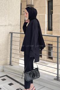 Black Crew Neck Long Arm Poplin Fabric Trousers Comfortable Suit