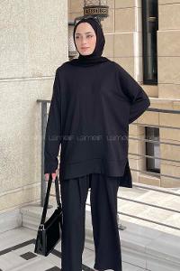 Black Crew Neck Long Arm Poplin Fabric Trousers Comfortable Suit