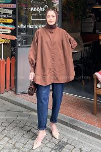 Lamelif Manşeti Biyeli Tunik Acı Kahve