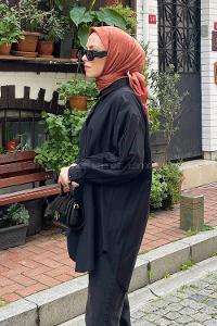 Black Shirt Collar Poplin Fabric Unprinted Tunic