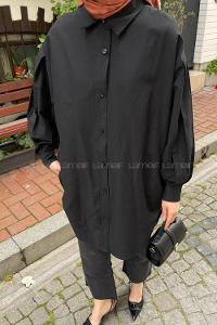 Black Shirt Collar Poplin Fabric Unprinted Tunic