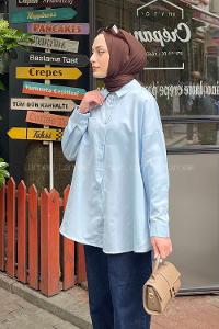 Lamelif Tek Cep Detaylı Oversize Gömlek Mavi