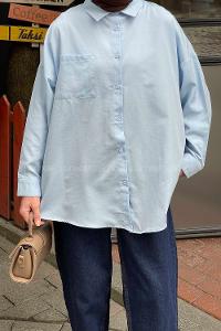 Lamelif Tek Cep Detaylı Oversize Gömlek Mavi