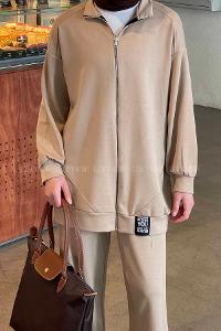 Brown With Milk Zippered Neck Long Arm Cotton Lycra Regular Trousers Comfortable Suit