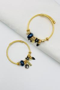 Lamelif Gümüş Siyah Taşlı İncili İstiridye Charmlı Pandora Bileklik