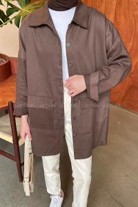 Lamelif Kapaklı İki Cepli Tahta Düğmeli Gömlek Acı Kahve