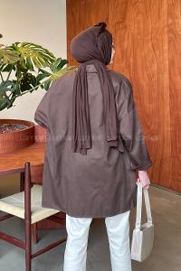 Lamelif Kapaklı İki Cepli Tahta Düğmeli Gömlek Acı Kahve