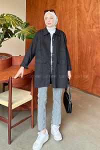 Lamelif Kapaklı İki Cepli Tahta Düğmeli Gömlek Siyah