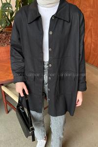 Lamelif Kapaklı İki Cepli Tahta Düğmeli Gömlek Siyah