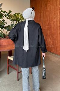 Lamelif Kapaklı İki Cepli Tahta Düğmeli Gömlek Siyah