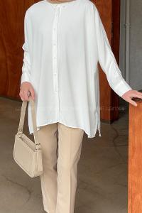 Lamelif Yarasa Kol Kolye Aksesuar Gömlek Beyaz