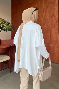 Lamelif Yarasa Kol Kolye Aksesuar Gömlek Beyaz