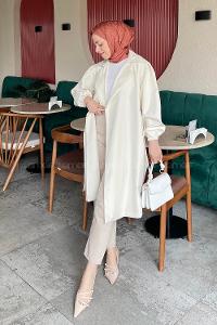 Lamelif Balon Kol Kuşaklı Trenç Krem