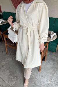 Lamelif Balon Kol Kuşaklı Trenç Krem