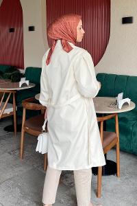 Lamelif Balon Kol Kuşaklı Trenç Krem