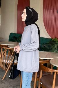 Lamelif  Bisiklet Yaka  İki İplik Düz Sweat Füme