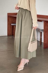 Lamelif Cep Detaylı Kloş Keten Etek Asker Yeşili