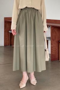 Lamelif Cep Detaylı Kloş Keten Etek Asker Yeşili