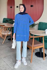 Lamelif Çizgili Uzun Kol Tunik Saks Mavisi