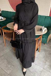 Lamelif Katlı Keten Elbise Siyah