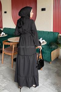 Lamelif Katlı Keten Elbise Siyah