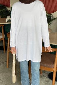 Lamelif Yan Yırtmaçlı Uzun Kol Tunik Beyaz