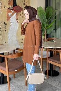 Lamelif Yan Yırtmaçlı Uzun Kol Tunik Kahverengi