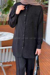 Black Shirt Collar Long Arm Cotton Lycra Trousers Linen Suit