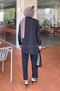 Black Shirt Collar Long Arm Cotton Lycra Trousers Linen Suit