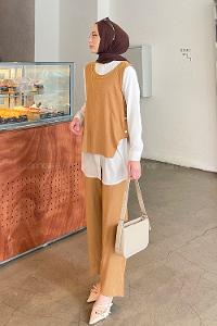 Lamelif Yan Düğme Detaylı Üçlü Bürümcük Tesettür Takım Açık Kiremit