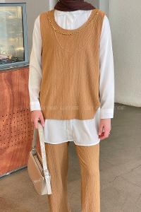 Lamelif Yan Düğme Detaylı Üçlü Bürümcük Tesettür Takım Açık Kiremit