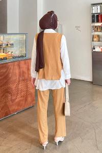 Lamelif Yan Düğme Detaylı Üçlü Bürümcük Tesettür Takım Açık Kiremit