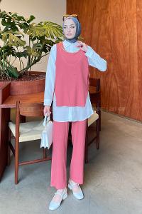 Lamelif Yan Düğme Detaylı Üçlü Bürümcük Tesettür Takım Gül