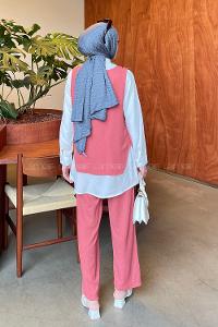 Lamelif Yan Düğme Detaylı Üçlü Bürümcük Tesettür Takım Gül