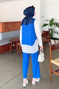 Lamelif Yan Düğme Detaylı Üçlü Bürümcük Tesettür Takım Saks Mavisi