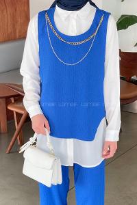 Lamelif Yan Düğme Detaylı Üçlü Bürümcük Tesettür Takım Saks Mavisi