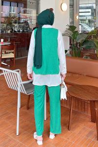 Lamelif Yan Düğme Detaylı Üçlü Bürümcük Tesettür Takım Yeşil