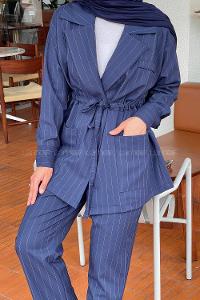 Navy Blue V Neck Long Arm Cotton Comfortable Suit