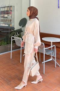 Lamelif Cep İnci Ve Taş Detaylı İkili Takım Bej