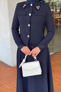 Lamelif Yaka Taş Detaylı Etekli Takım Lacivert